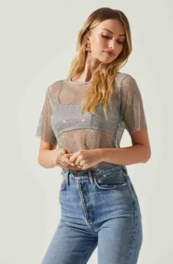 Mckay Rhinestone Mesh Short Sleeve Top -Astr The Label Shop ACT18042 GREY 4