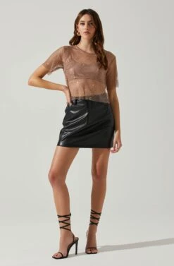 Mckay Rhinestone Mesh Short Sleeve Top -Astr The Label Shop ACT18042 TAUPE 1