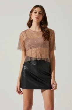 Mckay Rhinestone Mesh Short Sleeve Top -Astr The Label Shop ACT18042 TAUPE 2