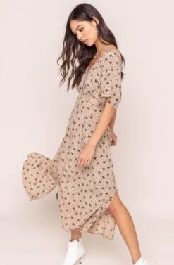 Dolman Button Front Midi Dress -Astr The Label Shop ADR100268 TAUPE BLACK MULTI FLORAL 3A