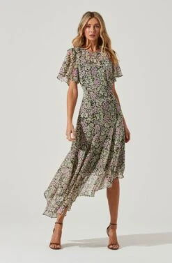 Flutter Sleeve Asymmetrical Floral Maxi Dress 34 Flutter Sleeve Asymmetrical Floral Maxi Dress -Astr The Label Shop ADR100436 BLACKDAISYFLORAL 1