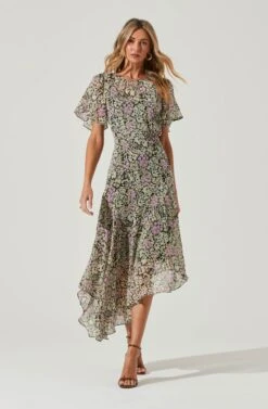 Flutter Sleeve Asymmetrical Floral Maxi Dress 35 Flutter Sleeve Asymmetrical Floral Maxi Dress -Astr The Label Shop ADR100436 BLACKDAISYFLORAL 2