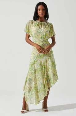 Flutter Sleeve Asymmetrical Floral Maxi Dress 30 Flutter Sleeve Asymmetrical Floral Maxi Dress -Astr The Label Shop ADR100436 YELLOWGREENFLORAL 2