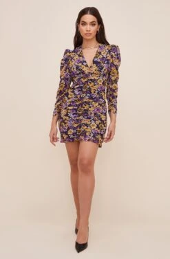 Ruched Front Long Sleeve Dress -Astr The Label Shop ADR100730 MUSTARDPURPLEFLORAL 1