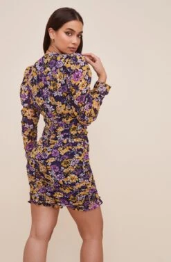 Ruched Front Long Sleeve Dress -Astr The Label Shop ADR100730 MUSTARDPURPLEFLORAL 6