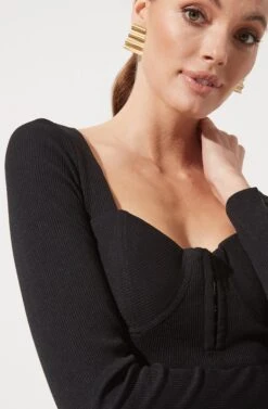 Long Sleeve Hook & Eye Front Bodycon Dress -Astr The Label Shop ADR100890 BLACK 870