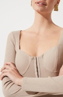 Long Sleeve Hook & Eye Front Bodycon Dress -Astr The Label Shop ADR100890 TAUPE 878