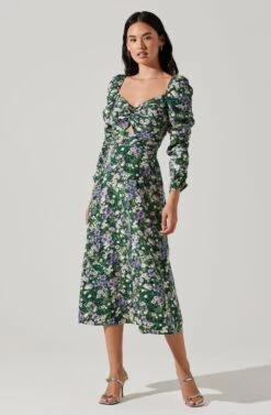 Floral Long Sleeve Twist Keyhole Front Midi Dress -Astr The Label Shop ADR100972 GREENPURPLEFLORAL 1