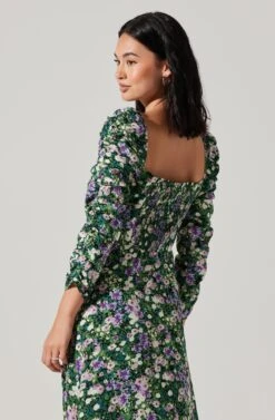 Floral Long Sleeve Twist Keyhole Front Midi Dress -Astr The Label Shop ADR100972 GREENPURPLEFLORAL 5