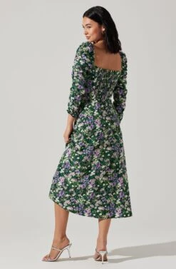 Floral Long Sleeve Twist Keyhole Front Midi Dress -Astr The Label Shop ADR100972 GREENPURPLEFLORAL 6