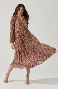 Long Sleeve Floral Button Front Tiered Midi Dress -Astr The Label Shop ADR100998B BLUSH RUSTMULTI 1