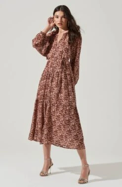 Long Sleeve Floral Button Front Tiered Midi Dress