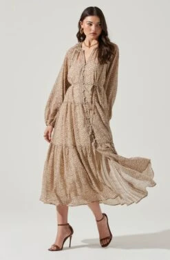 Long Sleeve Floral Button Front Tiered Midi Dress -Astr The Label Shop ADR100998B IVORY BROWNMULTI 1