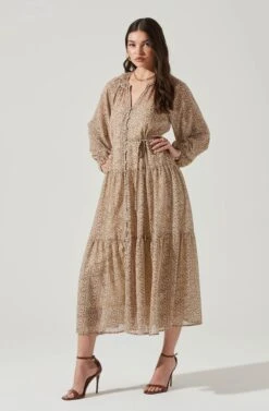 Long Sleeve Floral Button Front Tiered Midi Dress -Astr The Label Shop ADR100998B IVORY BROWNMULTI 2