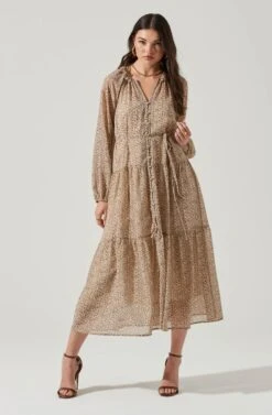 Long Sleeve Floral Button Front Tiered Midi Dress -Astr The Label Shop ADR100998B IVORY BROWNMULTI 3