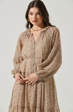 Long Sleeve Floral Button Front Tiered Midi Dress -Astr The Label Shop ADR100998B IVORY BROWNMULTI 4