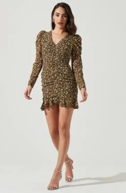 Long Sleeve Ruched Center Dress 12 Long Sleeve Ruched Center Dress -Astr The Label Shop ADR101034 BLACKMULTIFLORAL 1