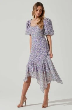 Floral Short Sleeve Asymmetrical Hem Midi Dress -Astr The Label Shop ADR101039 PURPLEMULTIFLORAL 2