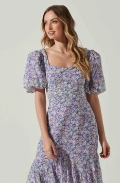 Floral Short Sleeve Asymmetrical Hem Midi Dress -Astr The Label Shop ADR101039 PURPLEMULTIFLORAL 3