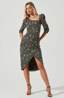 3/4 Sleeve Asymmetrical Neck Dress