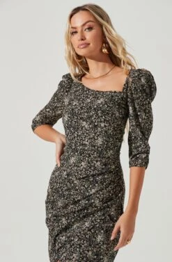 3/4 Sleeve Asymmetrical Neck Dress 13 3/4 Sleeve Asymmetrical Neck Dress -Astr The Label Shop ADR101041 BLACKFLORAL 3