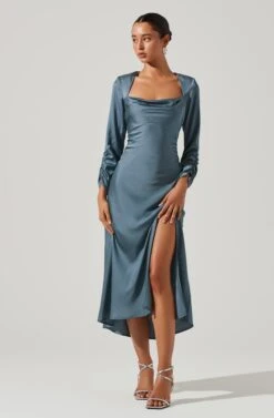 Gracie Long Sleeve Cutout Satin Midi Dress -Astr The Label Shop ADR101065 DUSTYBLUE 1