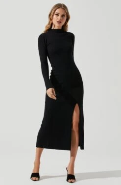 Long Sleeve Hi Slit Midi Sweater Dress -Astr The Label Shop ADR101085 BLACK 0817