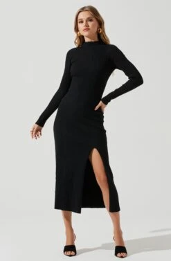 Long Sleeve Hi Slit Midi Sweater Dress -Astr The Label Shop ADR101085 BLACK 0818