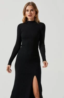 Long Sleeve Hi Slit Midi Sweater Dress -Astr The Label Shop ADR101085 BLACK 0824