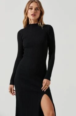 Long Sleeve Hi Slit Midi Sweater Dress -Astr The Label Shop ADR101085 BLACK 0830