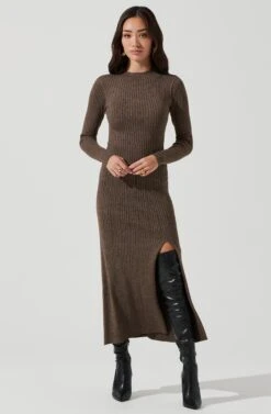 Long Sleeve Hi Slit Midi Sweater Dress -Astr The Label Shop ADR101085 BROWN 0441