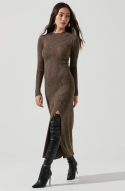 Long Sleeve Hi Slit Midi Sweater Dress -Astr The Label Shop ADR101085 BROWN 0443