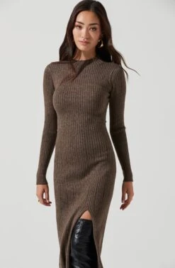Long Sleeve Hi Slit Midi Sweater Dress -Astr The Label Shop ADR101085 BROWN 0445
