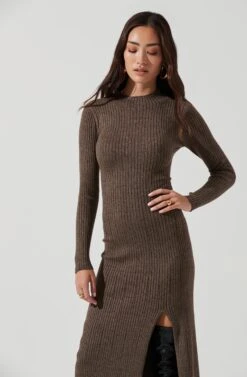 Long Sleeve Hi Slit Midi Sweater Dress -Astr The Label Shop ADR101085 BROWN 0448