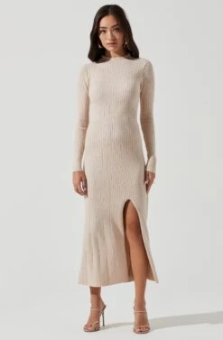 Long Sleeve Hi Slit Midi Sweater Dress -Astr The Label Shop ADR101085 CREAM 0515