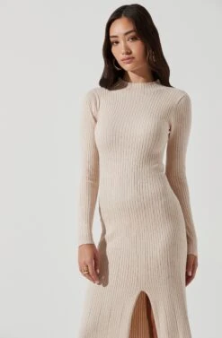 Long Sleeve Hi Slit Midi Sweater Dress -Astr The Label Shop ADR101085 CREAM 0518