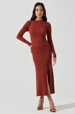 Long Sleeve Hi Slit Midi Sweater Dress -Astr The Label Shop ADR101085 RUST 0290