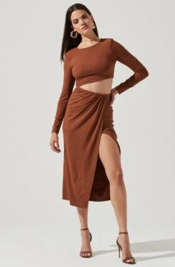 Westwood Long Sleeve Side Cutout Midi Dress 30 Westwood Long Sleeve Side Cutout Midi Dress -Astr The Label Shop ADR101108 BROWN 1