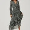 Long Sleeve Asymmetrical Multi Ruffle Floral Midi Dress -Astr The Label Shop ADR101117 BLACKPURPLEFLORAL 0831