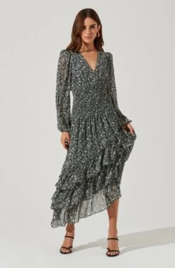 Long Sleeve Asymmetrical Multi Ruffle Floral Midi Dress