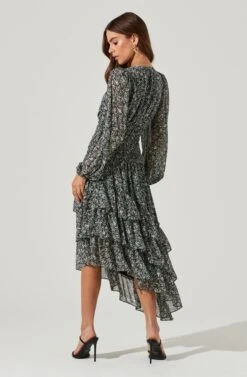 Long Sleeve Asymmetrical Multi Ruffle Floral Midi Dress -Astr The Label Shop ADR101117 BLACKPURPLEFLORAL 0841
