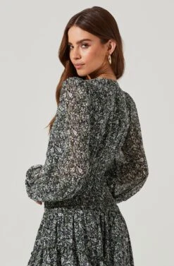 Long Sleeve Asymmetrical Multi Ruffle Floral Midi Dress -Astr The Label Shop ADR101117 BLACKPURPLEFLORAL 0844