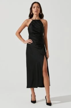 Front Slit Halter Satin Midi Dress -Astr The Label Shop ADR101166 BLACK 2103
