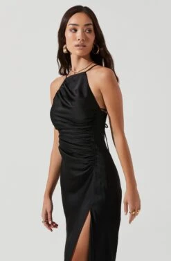 Front Slit Halter Satin Midi Dress -Astr The Label Shop ADR101166 BLACK 2112