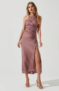 Front Slit Halter Satin Midi Dress -Astr The Label Shop ADR101166 MAUVE 0746