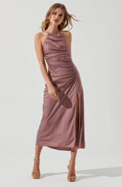 Front Slit Halter Satin Midi Dress -Astr The Label Shop ADR101166 MAUVE 0750
