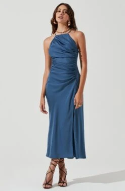 Front Slit Halter Satin Midi Dress -Astr The Label Shop ADR101166 STEELBLUE 0464