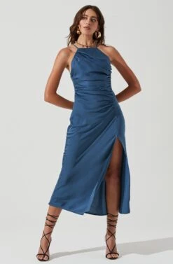 Front Slit Halter Satin Midi Dress -Astr The Label Shop ADR101166 STEELBLUE 0472