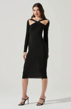 Long Sleeve Cinched Bust Cutout Midi Dress -Astr The Label Shop ADR101218 BLACK 0912