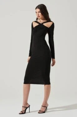 Long Sleeve Cinched Bust Cutout Midi Dress -Astr The Label Shop ADR101218 BLACK 0913